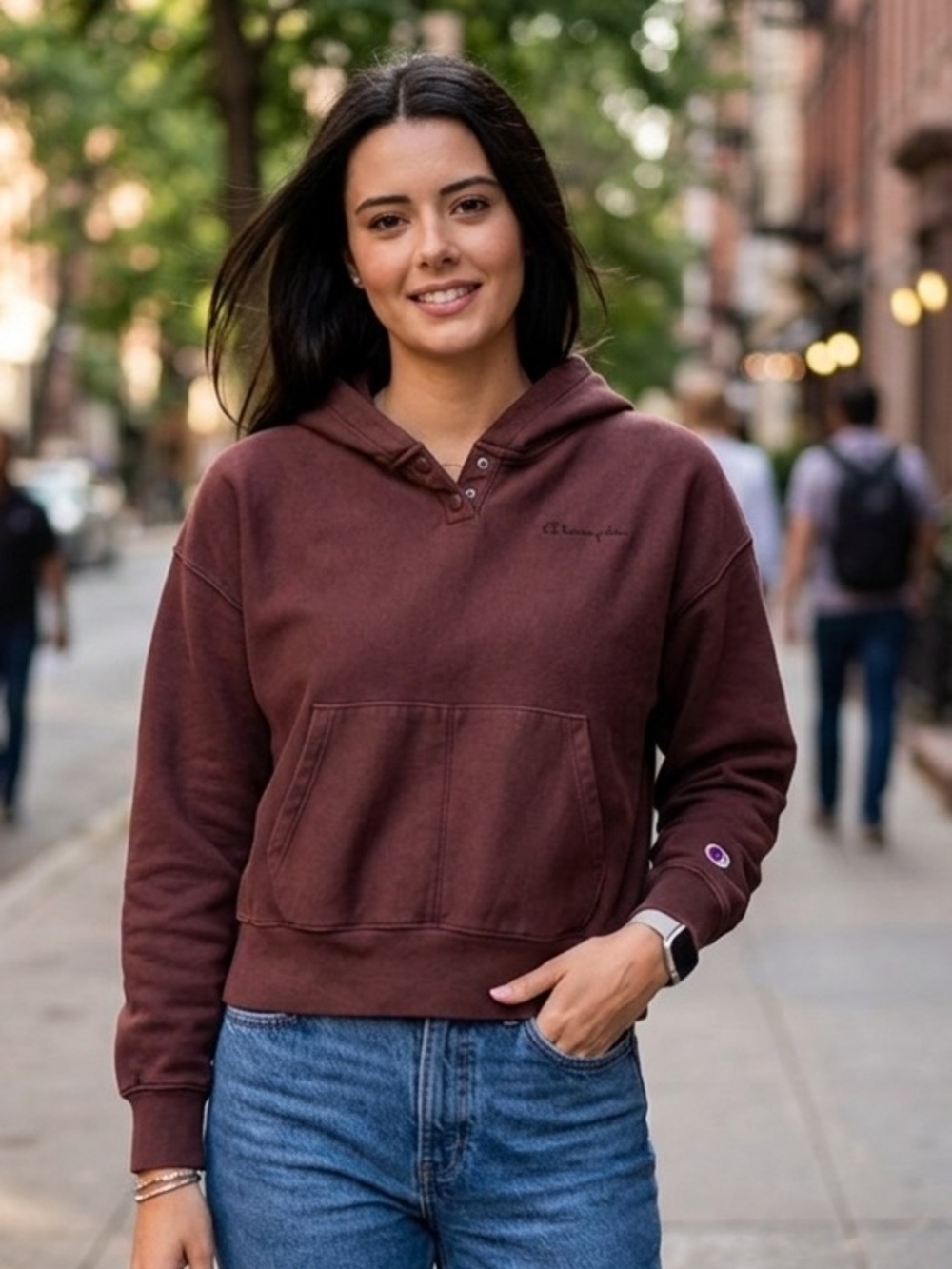 NWT Champion Women Vintage Wash Fleece Hooded Sweatshirt Brown Size L